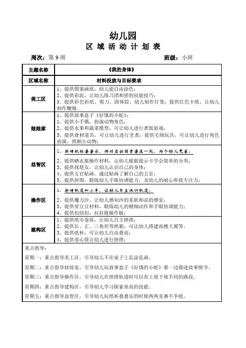 幼儿园小班班级区域计划第9周
