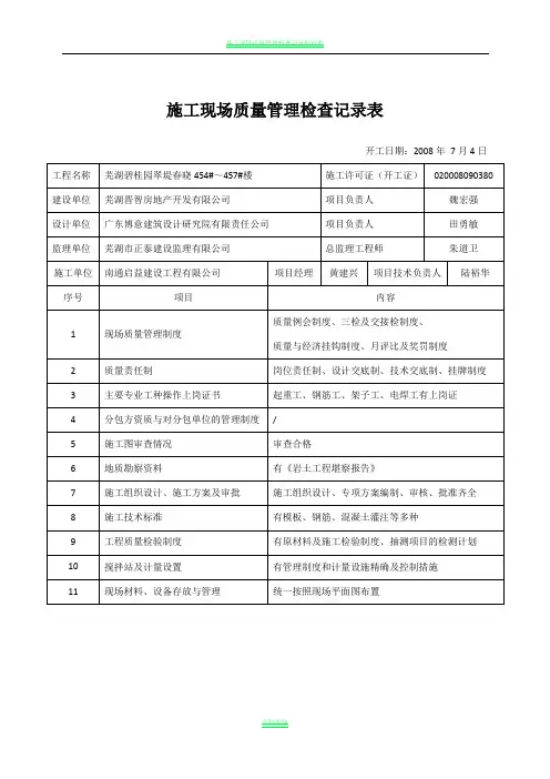 施工现场质量管理检查记录表(碧桂园)