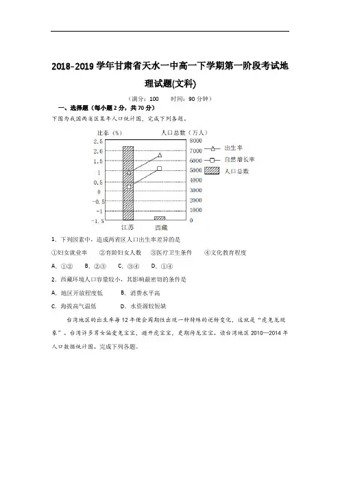 2018-2019学年甘肃省天水一中高一下学期第一阶段考试地理试题(文科)