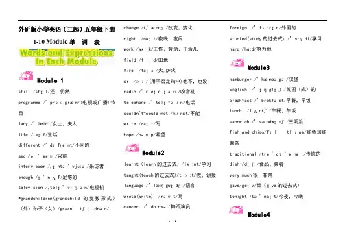外研版小学英语(三起)五年级下册单词表含音标