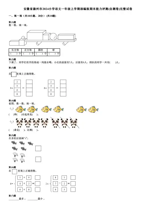 安徽省滁州市2024小学数学一年级上学期部编版期末能力评测(自测卷)完整试卷
