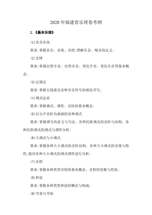 2020年福建省乐理卷考纲