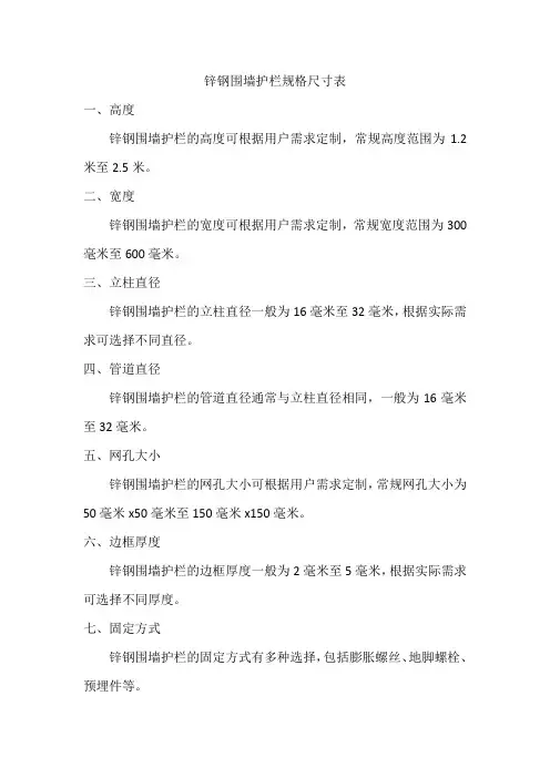 锌钢围墙护栏规格尺寸表