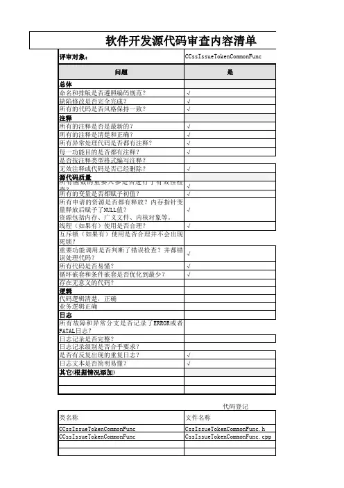软件开发源代码评审审查清单模板