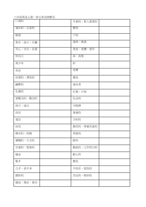 译林版八年级上册英语单词默写表