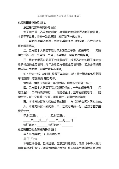 总监聘用劳动合同补充协议（精选20篇）