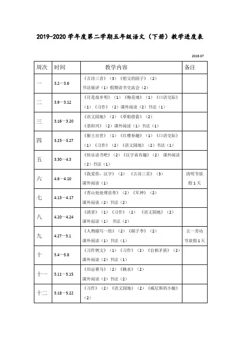 部编人教版五年级语文下册教学进度表