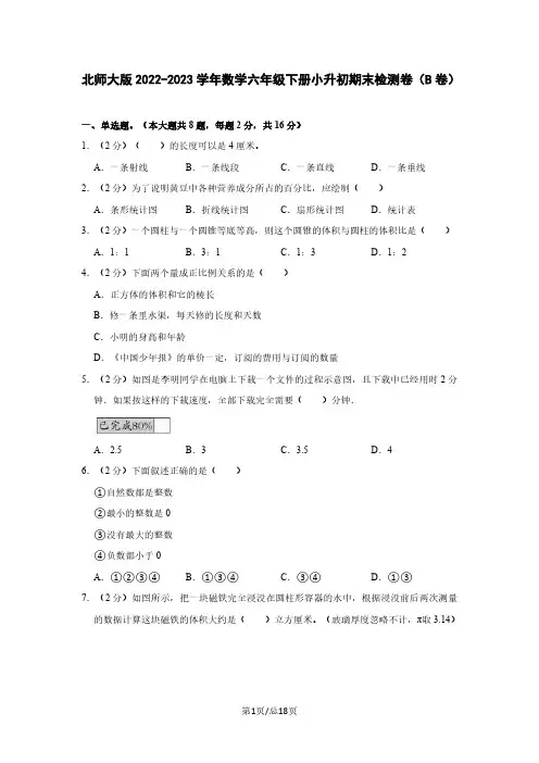 北师大版2022-2023学年数学六年级下册小升初期末检测卷(B卷)含解析