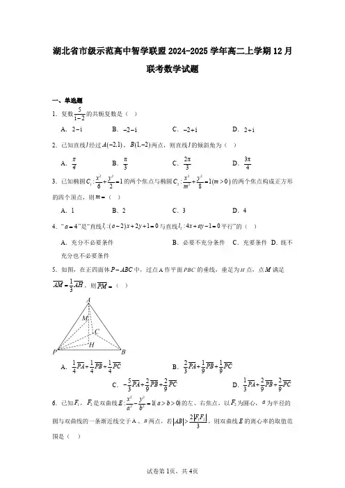 湖北省市级示范高中智学联盟2024-2025学年高二上学期12月联考数学试题