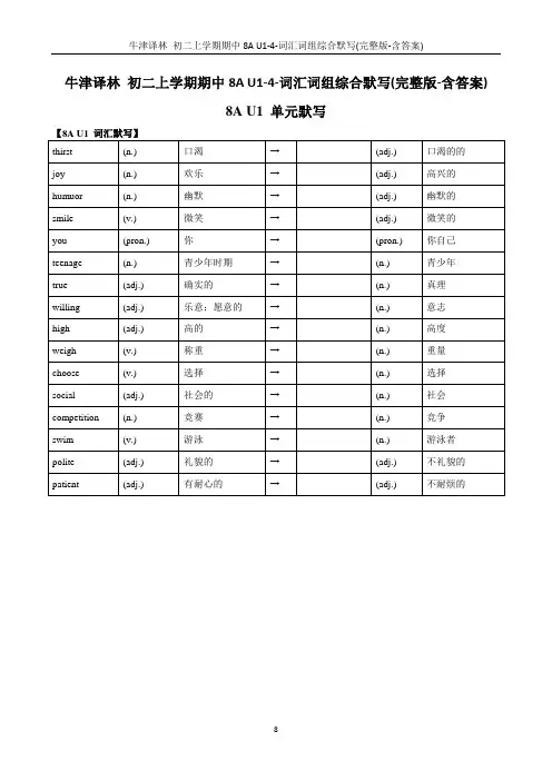 牛津译林 初二上学期期中8A U1-4-词汇词组综合默写(完整版-默写卷)