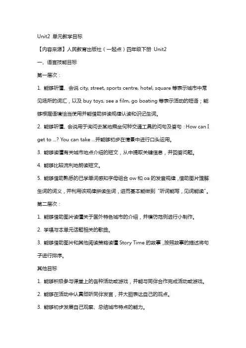 人教版(新起点)英语四年级下册：unit 2《cities》单元教学目标