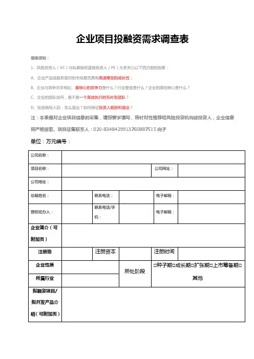 企业项目投融资需求调查表