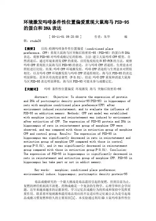 环境激发吗啡条件性位置偏爱重现大鼠海马PSD-95的蛋白和DNA表达.