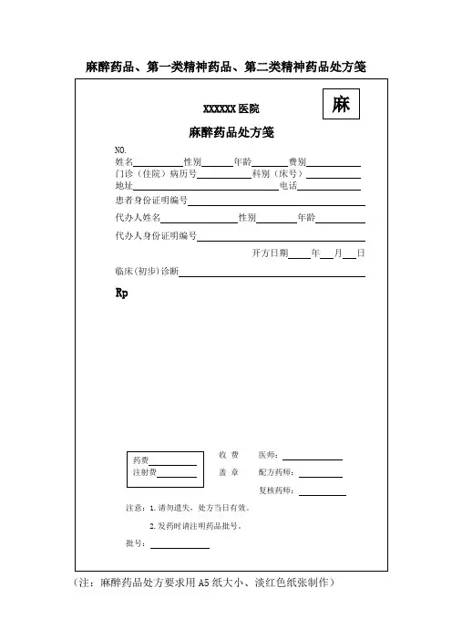 麻醉药品、第一类精神药品、第二类精神药品处方笺