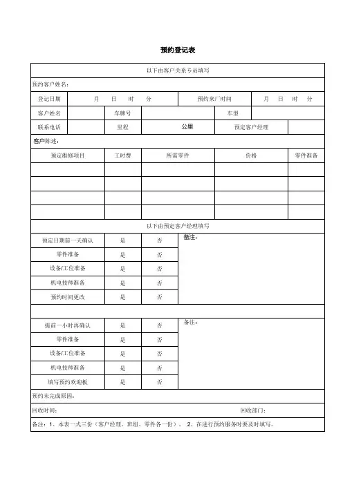 预约登记单(汽车销售)