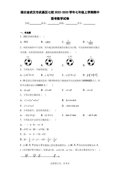 湖北省武汉市武昌区七校2022-2023学年七年级上学期期中联考数学试卷