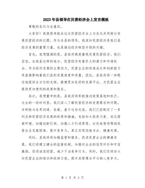2023年县领导在民营经济会上发言模板