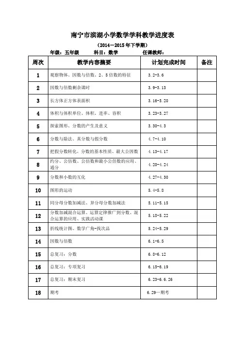 新人教版五年级下册数学教学进度表