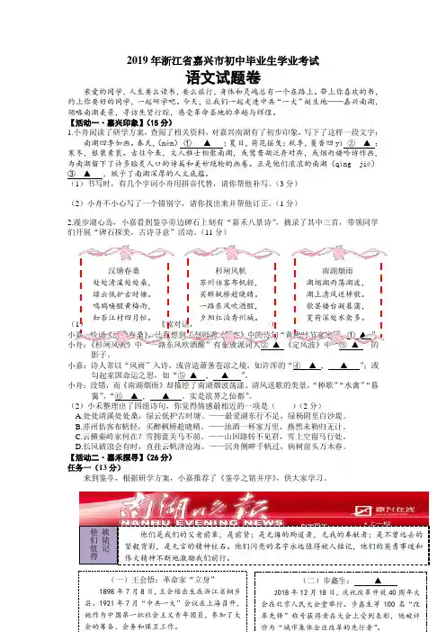 【真卷】2019年浙江省嘉兴、舟山市中考语文试题(含答案)
