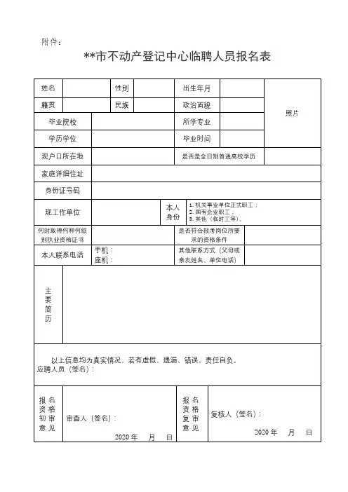 XX市不动产登记中心临聘人员报名表【模板】