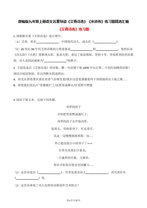 部编版九年级上册语文名著导读《艾青诗选》《水浒传》练习题精选汇编(word版,含答案)