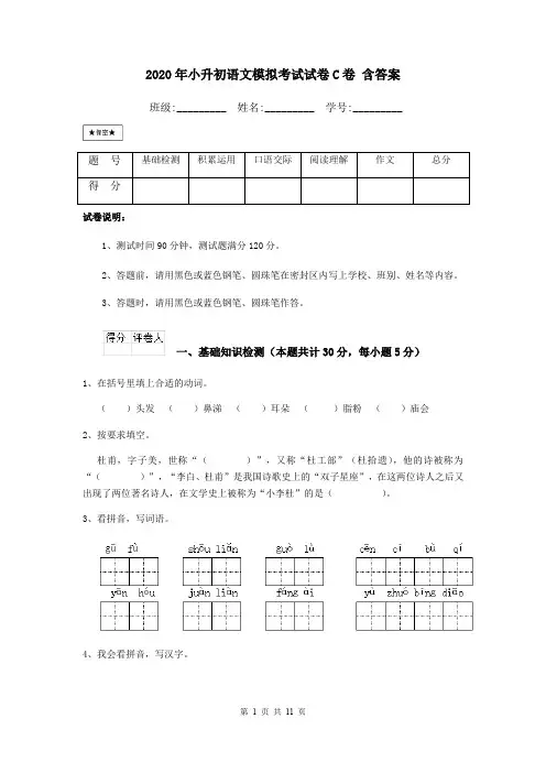 2020年小升初语文模拟考试试卷C卷 含答案