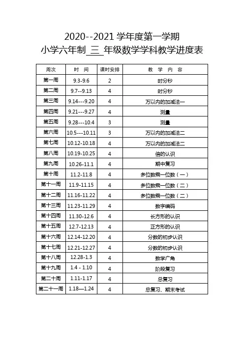 三年级数学教学进度表