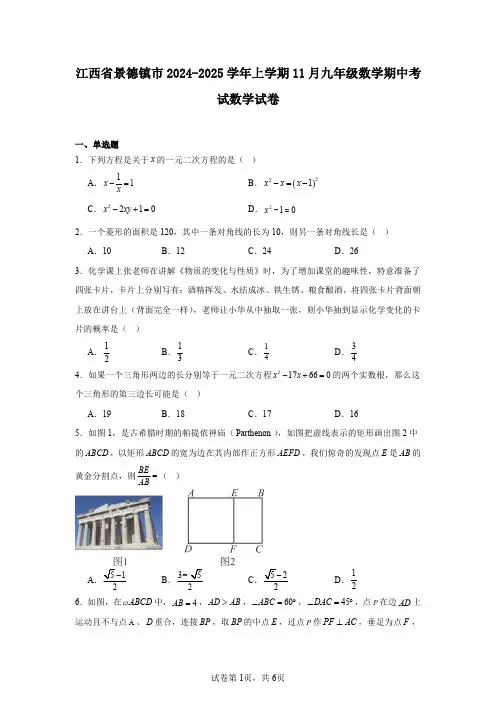 江西省景德镇市2024-2025学年上学期11月九年级数学期中考试数学试卷