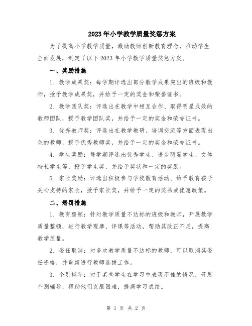 2023年小学教学质量奖惩方案