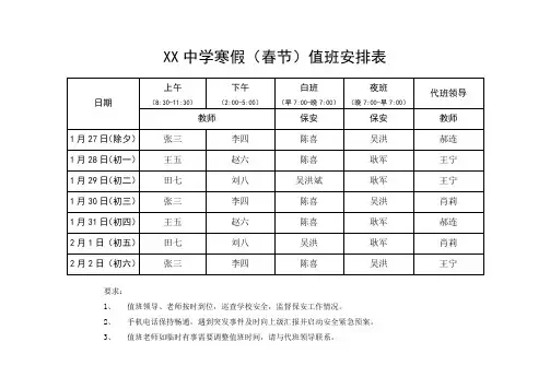 寒假(春节)值班安排表