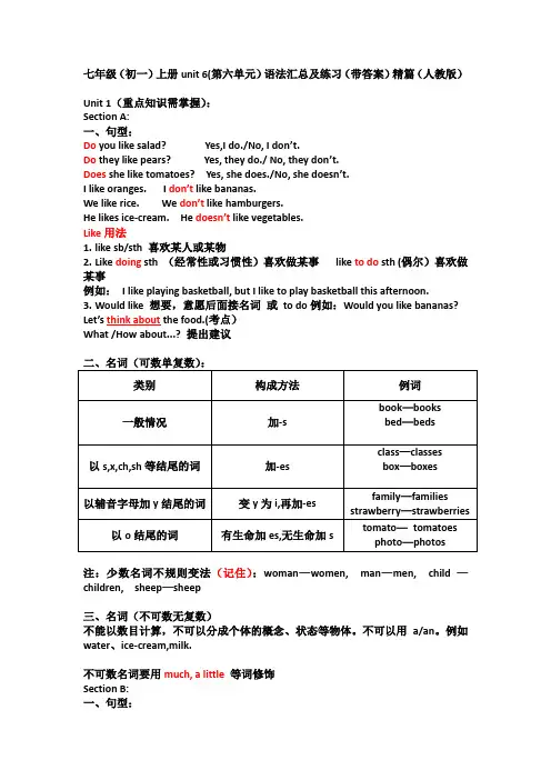 最新七年级(初一)上册unit-6(第六单元)英语语法汇总及练习(带答案)精篇(人教版)