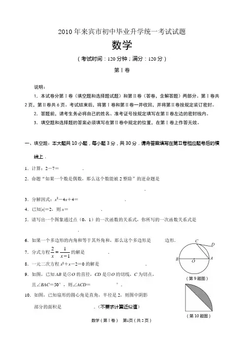 广西来宾市2010年中考数学试卷(含答案)
