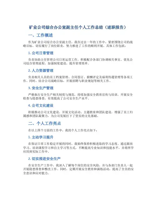 矿业公司综合办公室副主任个人工作总结(述职报告)