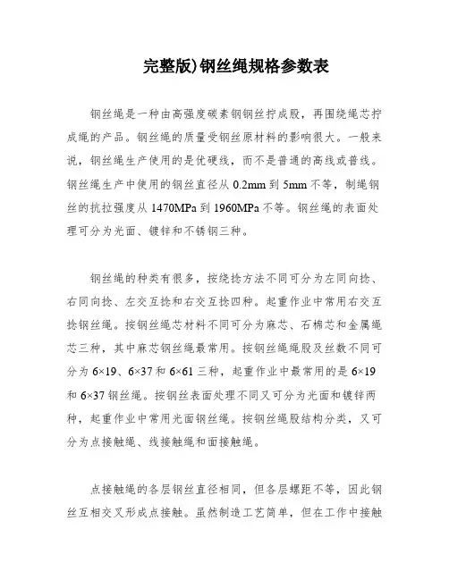 完整版)钢丝绳规格参数表