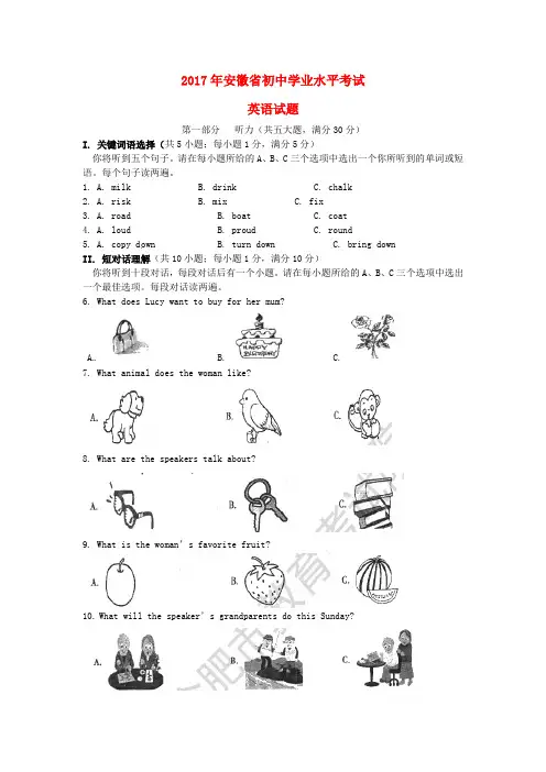 安徽省2017年中考英语真题试题Word版含答案2