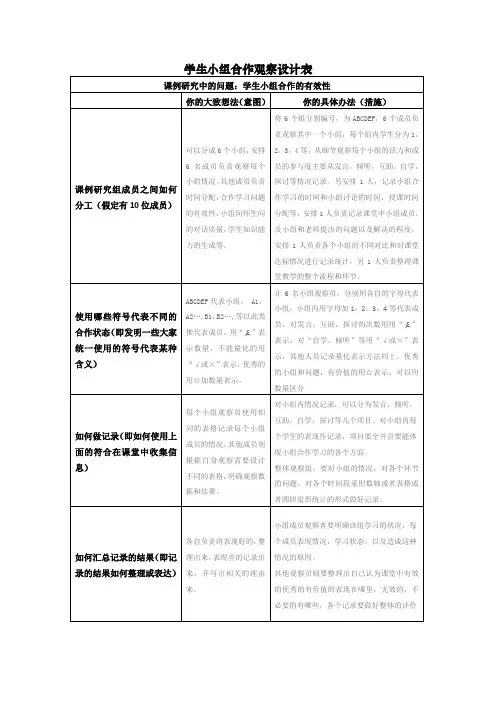 作业 学生小组合作观察设计表
