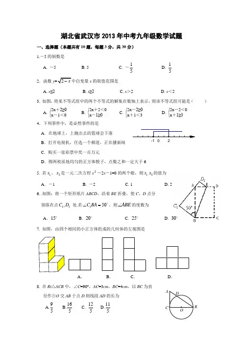湖北省武汉市2013年中考九年级数学逼真模拟试题(含答案)