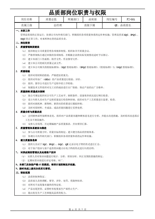 品质部岗位职责与权限