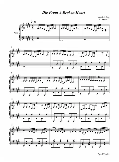 钢琴谱 Die from a Broken Heart-Maddie Tae 五线谱_共4张(全)