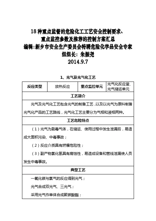 18种重点危险化学品生产工艺典型反应及安全控制条件汇总