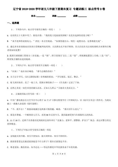 辽宁省2019-2020学年语文八年级下册期末复习 专题训练三 标点符号D卷
