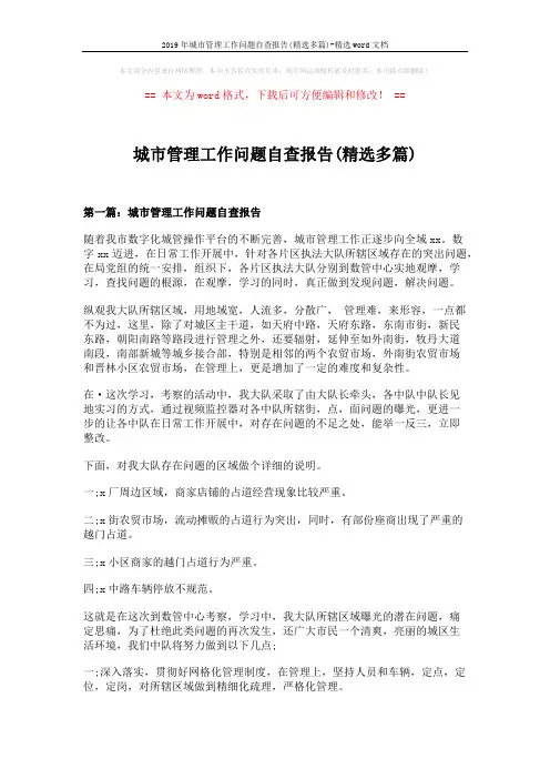 2019年城市管理工作问题自查报告(精选多篇)-精选word文档 (11页)