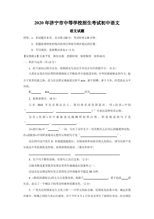2020年济宁市中等学校招生考试初中语文