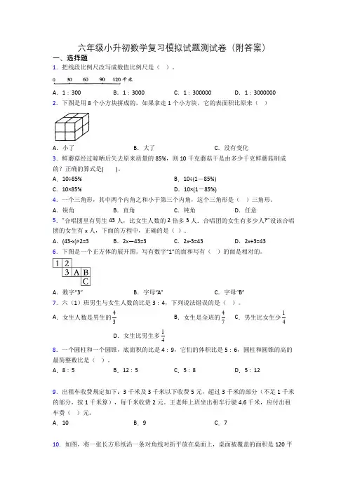 六年级小升初数学复习模拟试题测试卷(附答案)