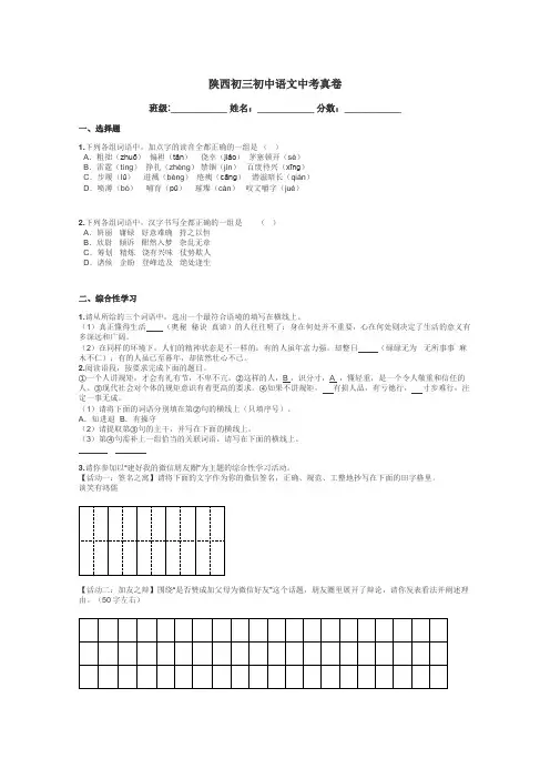 陕西初三初中语文中考真卷带答案解析
