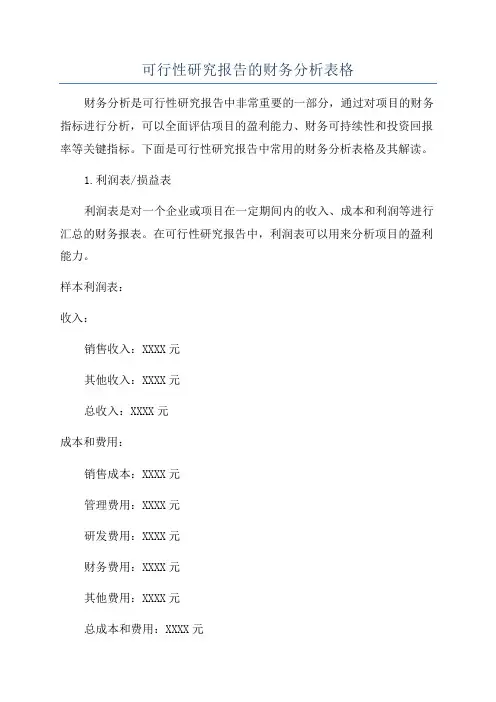 可行性研究报告的财务分析表格