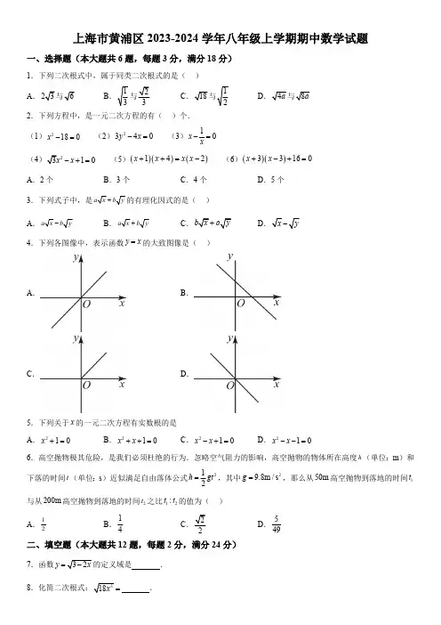 上海市黄浦区2023-2024学年八年级上学期期中数学试题(含解析)