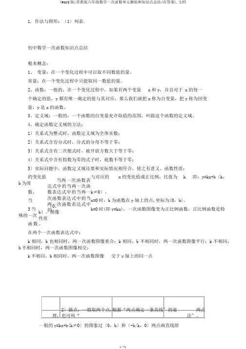(word版)苏教版八年级数学一次函数单元测验和知识点总结(有答案),文档