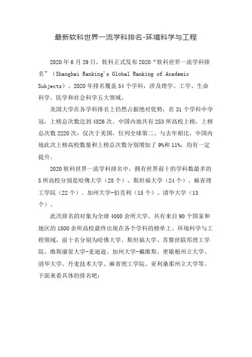 最新软科世界一流学科排名-环境科学与工程