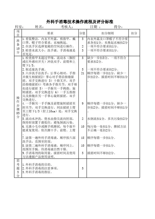 外科手消毒操作考核评分标准